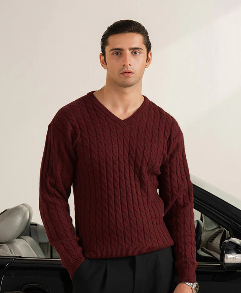 Rustic Maroon Cable Knit V-Neck Sweater