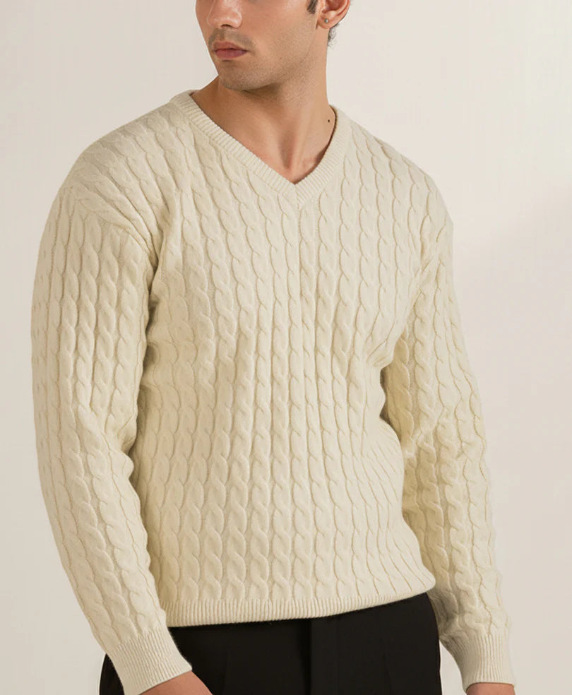 OFF White V-Neck Cable Knit Sweater