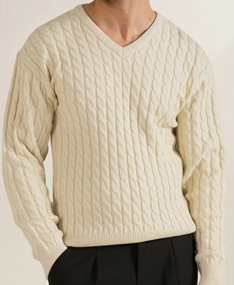 OFF White V-Neck Cable Knit Sweater